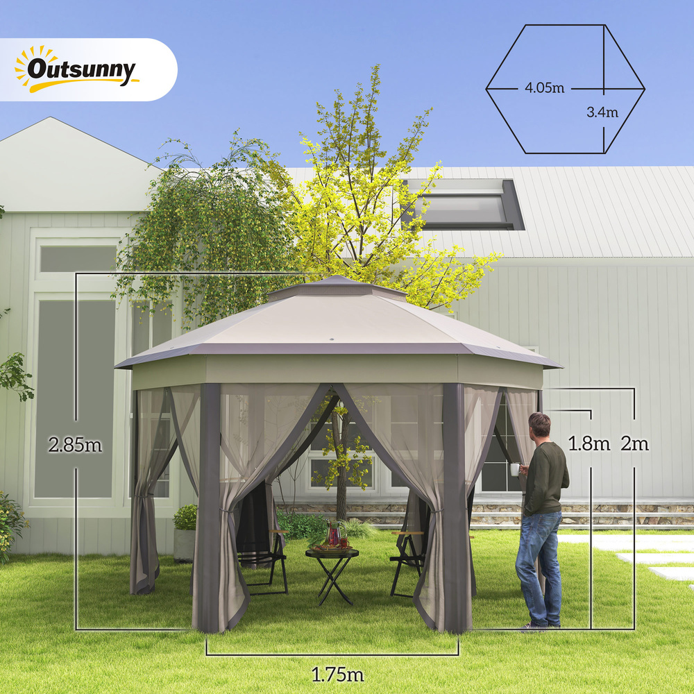 Outsunny 3 x 4m Garden Gazebo Hexagon Pop Up Gazebo Party Tent Canopy Double Roof Instant Shelter with Netting and Carry Bag for Outdoor Patio, Beige