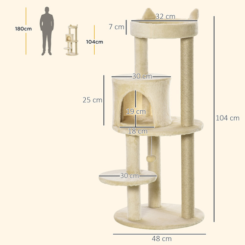 PawHut 104 cm Cat Tree, Cat Condo Tree Tower, Cat Activity Centre with Scratching Posts, Plush Perches, Hanging Ball - Cream White
