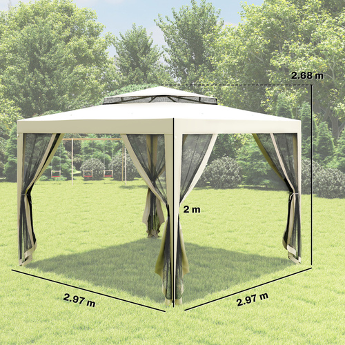Outsunny 3 x 3 m Gazebo, Netting Party Tent, Patio Canopy Outdoor Event Shelter with Double Tier Roof, Cream White