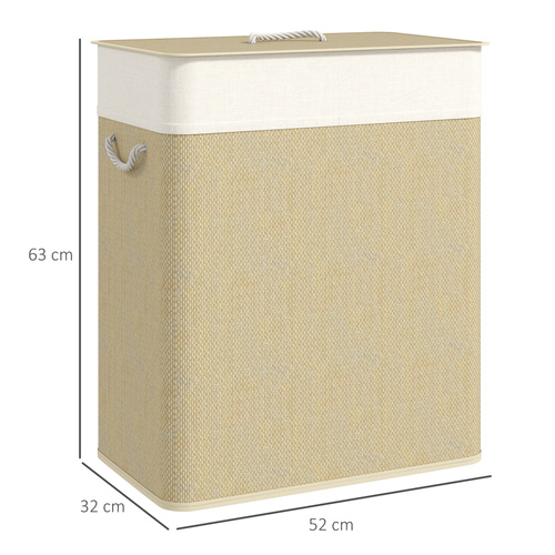 HOMCOM Double Laundry Basket with Lid, 100L Bamboo Laundry Hamper with Rope Handles, Washing Basket with Removable Liner for Bathroom, Bedroom, Cream White