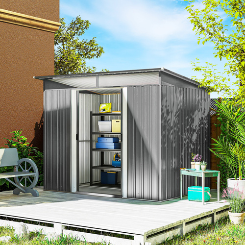 Outsunny 9ft x 6.5ft Garden Storage Shed with Top Window, Metal Outdoor Shed Tool House with Double Doors, Light Grey