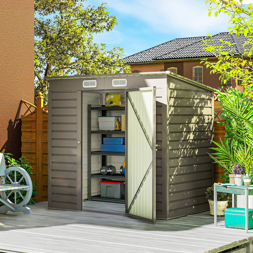 Outsunny 4 x 6ft Galvanised Metal Garden Shed, with Locking Door - Grey