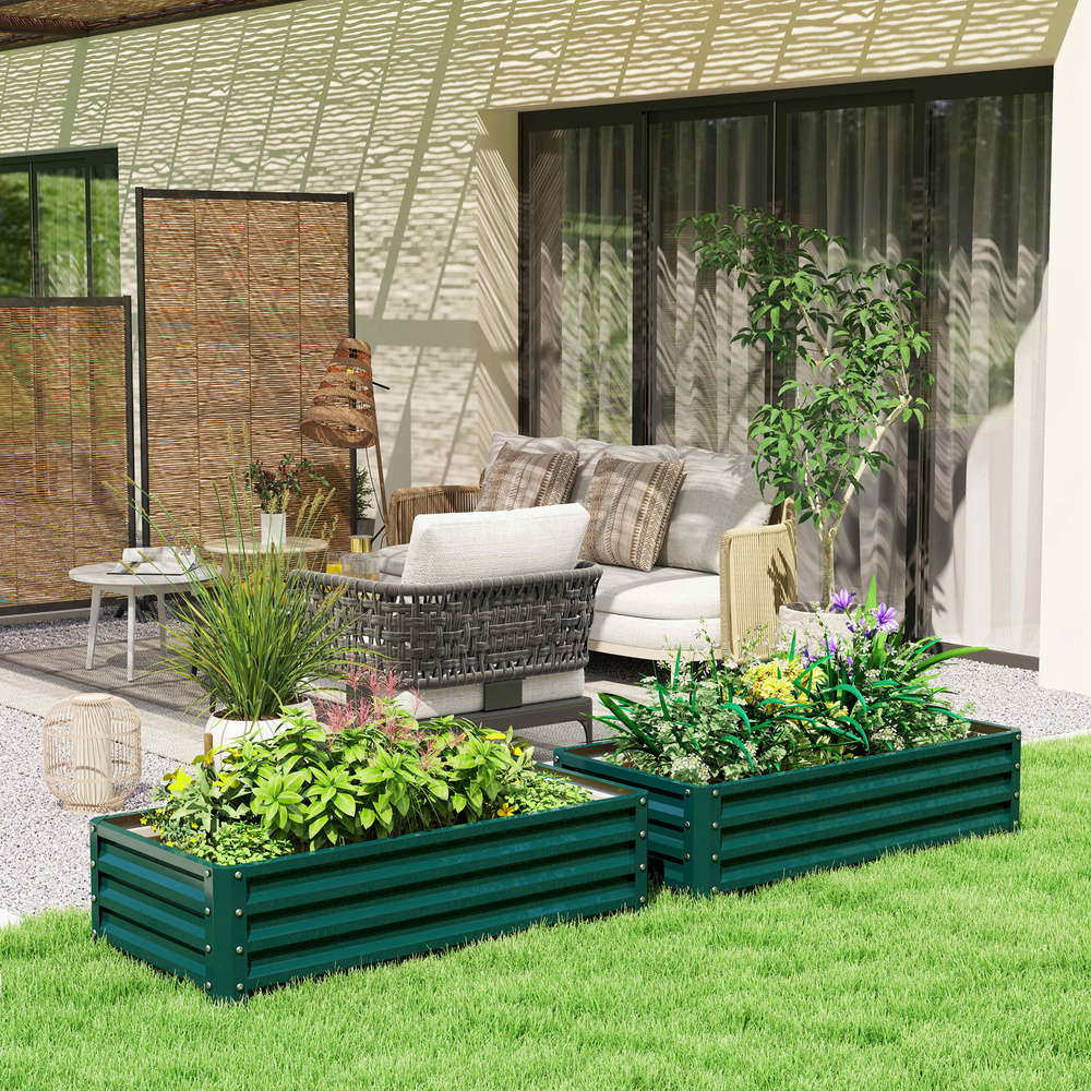 Outsunny Set of 2 Raised Beds for Garden, Galvanised Outdoor Planters for Herbs Vegetables, Use for Patio Balcony, Green