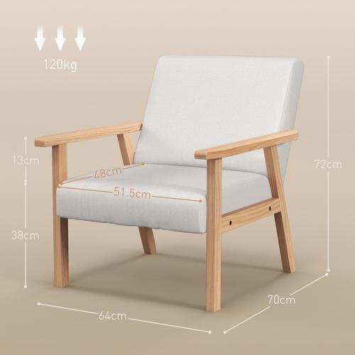 HOMCOM Modern Armchair, Linen Upholstered Sofa with Solid Wood Legs and Wide Seat, Accent Chair for Living Room Bedroom Office, Cream White