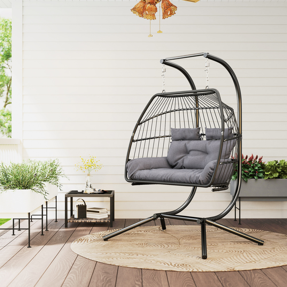 Outsunny Rattan Double Hanging Egg Chair with Stand, Foldable Wicker Swing Egg Chair with Cushion, Head Pillows, Steel Frame, Hammock Chair for Indoor Outdoor, Capacity 260 kg, Dark Grey