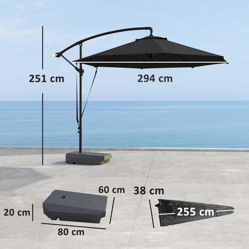 Outsunny 3(m) Garden Cantilever Parasol with Fillable Base up to 90kg, Wind Protection Strap, Cover, Round Banana Hanging Umbrella with Crank Handle and Tilt, UPF50+ Patio Umbrella, Grey