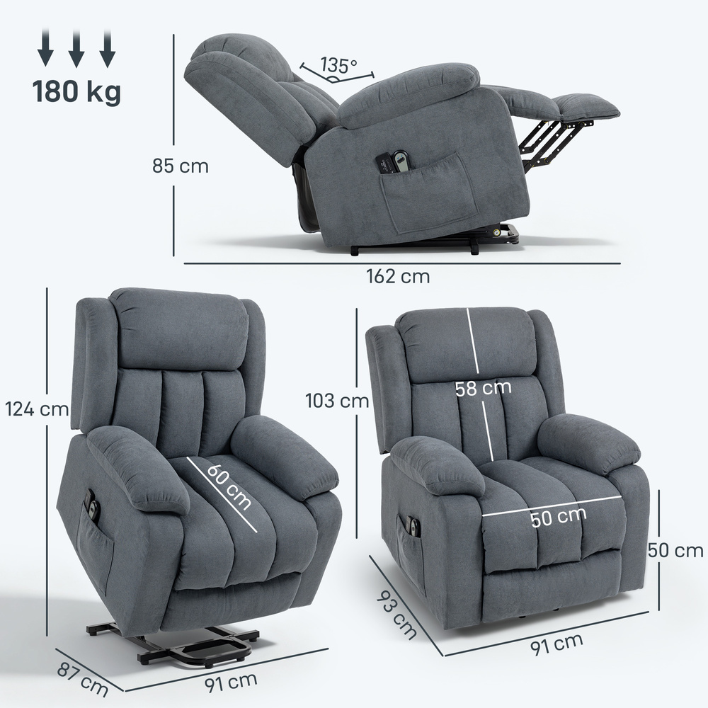 HOMCOM Power Lift Recliner Chair with Massage, Overstuffed Lift Chair for Elderly with Footrest, Remote and Side Pocket, Grey