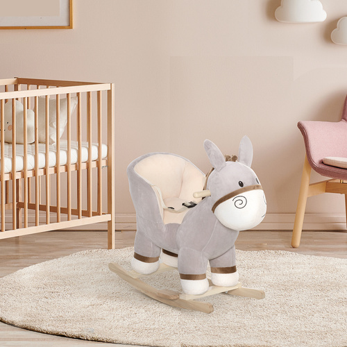 HOMCOM Kids Rocking Horse, Children Plush Ride On Donkey Animal Rocker w/ Sound, Wood Base Seat, Safety Belt, Baby Toy Rocker for Toddler 18 - 36 Months, Grey