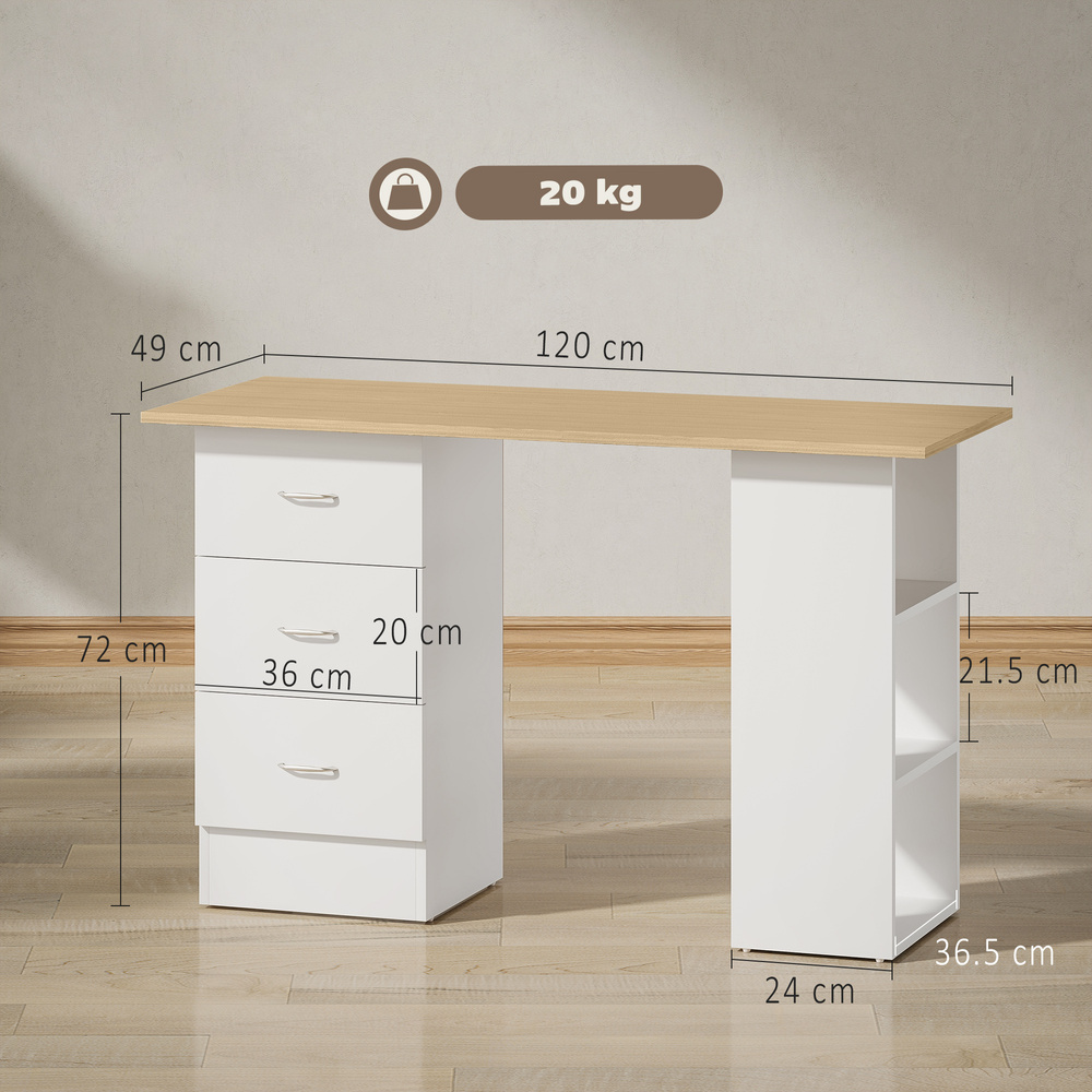 HOMCOM Computer Desk with Drawers, Home Office Desk, Writing Table, PC Workstation with 3 Storage Shelves for Working, Study, 120 x 49 x 72 cm, Natural Wood Finish and White