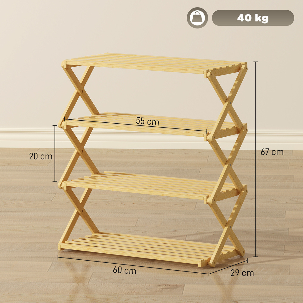 HOMCOM Four-Tier Folding Bamboo Shoe Rack - Natural Finish