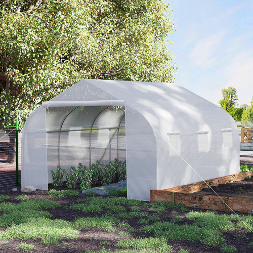 Outsunny Walk-In Polytunnel Greenhouse Warm House Garden Tunnel Shelter Plant Shed with Door and Windows, Galvanised Steel Frame, 4.5 x 3 x 2m, White