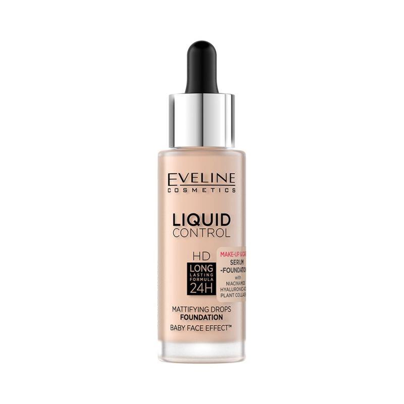 Eveline Liquid Control HD Lekki Podkład do Twarzy z Dropperem Doskonały Efekt Matowienia Nr 02 Soft Porcelain 32ml