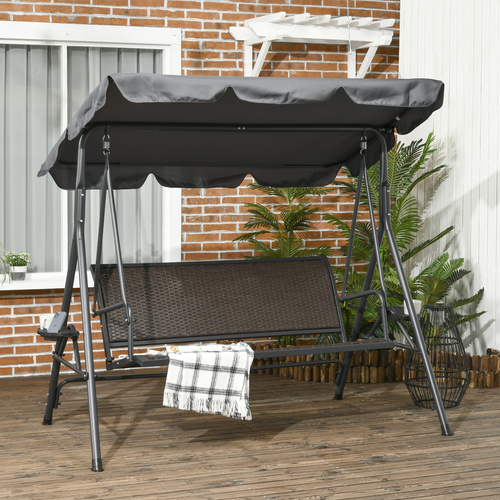 Outsunny 3 Seater Swing Chair, Garden Swing Seat Bench with Adjustable Canopy, Rattan Seat and Steel Frame for Patio, Yard, Dark Grey