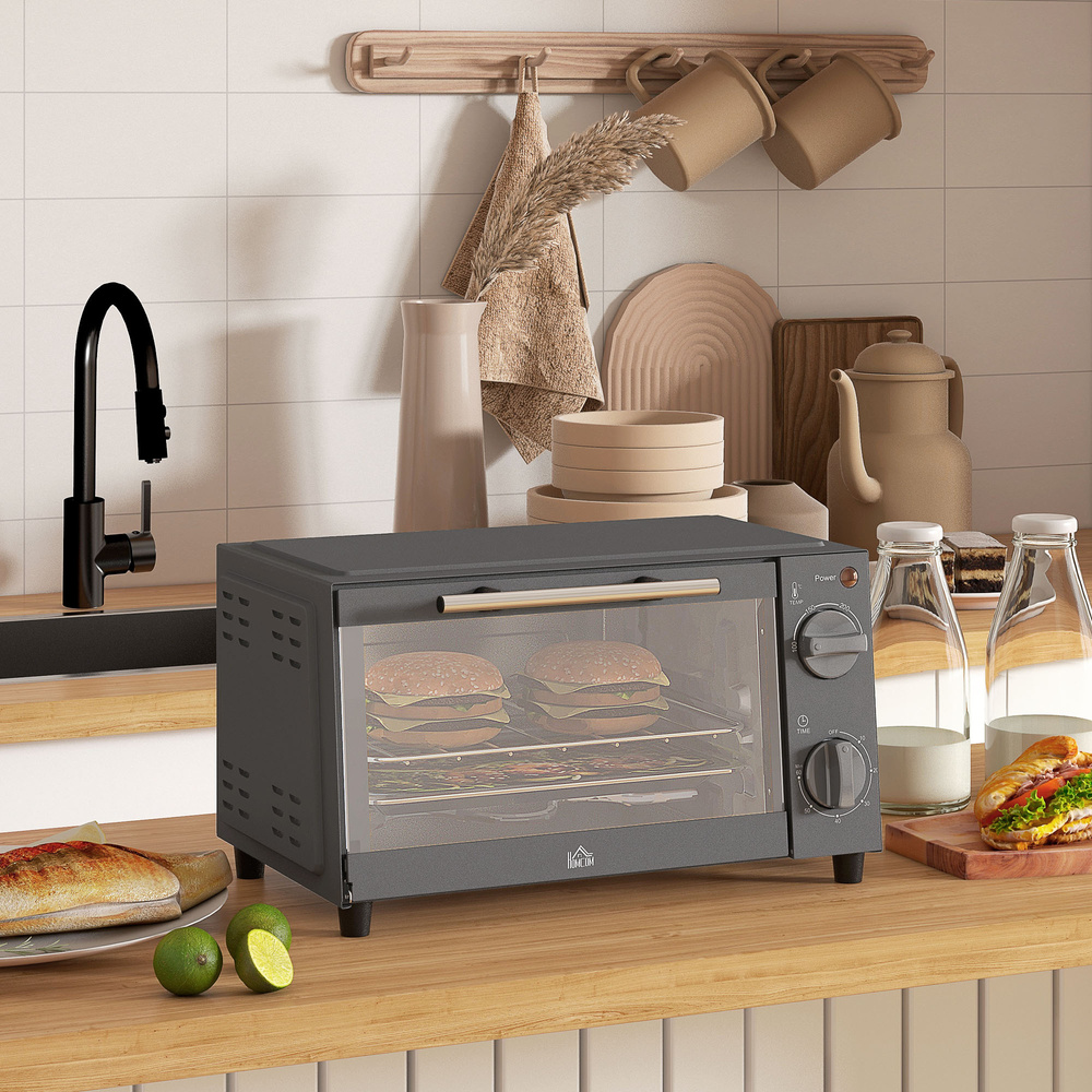 HOMCOM Mini Oven, 9L Countertop Electric Grill, Toaster Oven with Adjustable Temperature, Timer, Dishwasher Safe Baking Tray and Wire Rack, 750W, Grey