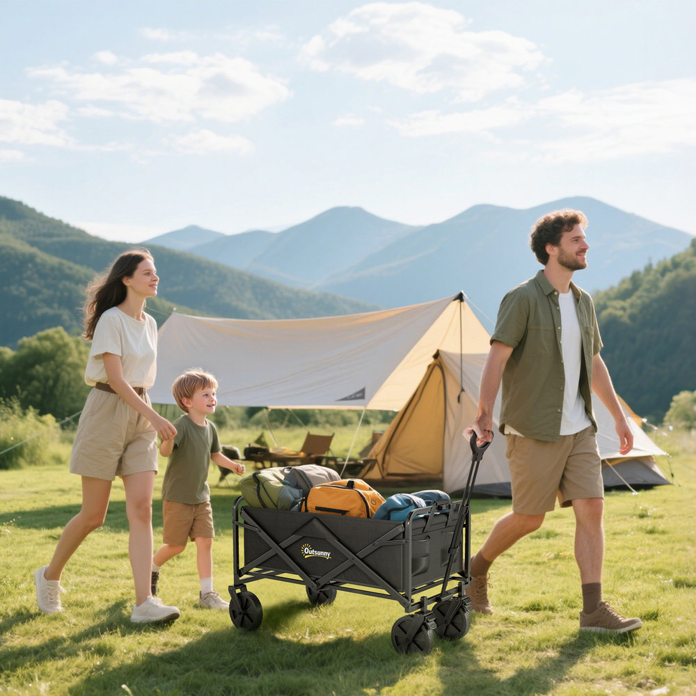 Outsunny Folding Steel Frame Garden Storage Cart, with Wheels and Handle - Black