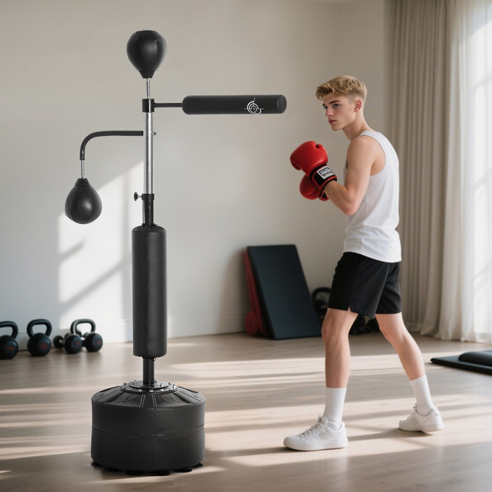 HOMCOM 4-in-1 Boxing Punching Bag, Freestanding with 2 Speed Bals, 360° Reflex Bar, 160-230cm Adjustable Height, Black