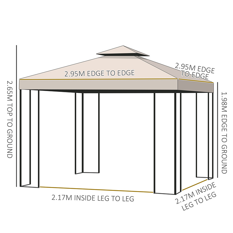 Outsunny 3 x 3 m Garden Gazebo Double Roof Marquee Patio Wedding Party Tent Canopy Shelter with Sidewalls, (Beige)