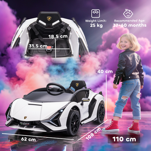 HOMCOM Lamborghini Sian Licensed 12V Electric Car for Kids 2 Motors Toy Car with Remote Control Music Lights MP3 for 3-5 Years White