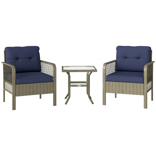 Outsunny 3 Pieces Rattan Bistro Set with Glass Top Coffee Table, Chairs and Cushions for Outdoor, Patio, Balcony, Charcoal Grey