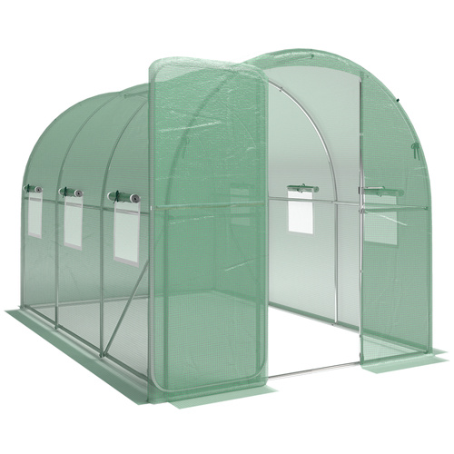 Outsunny 2 x 3 m Walk-in Polytunnel Greenhouse with Hinged Door and 6 Roll Up Mesh Windows, Garden Tunnel Warm House Tent, Green