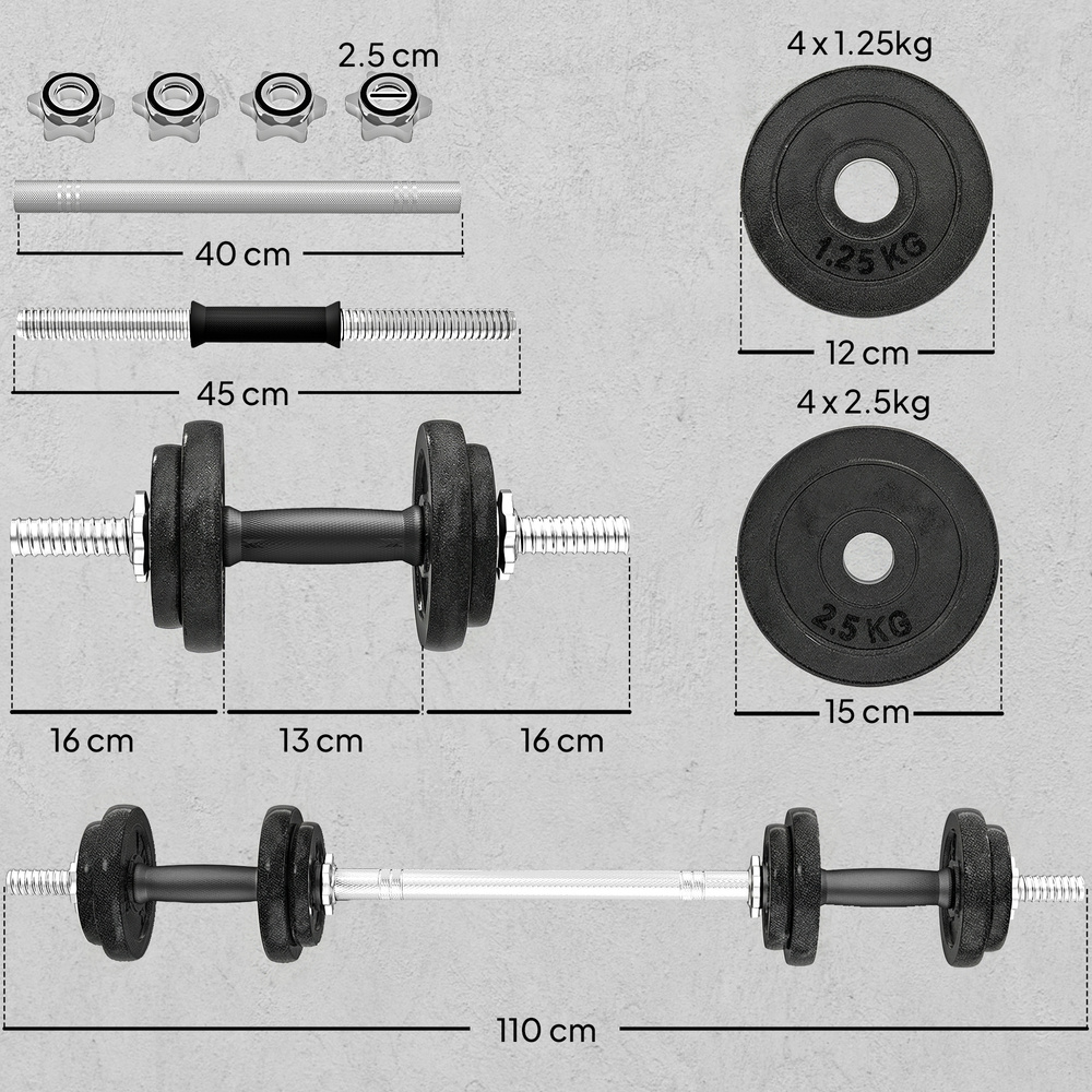 SPORTNOW 2-in-1 Adjustable Dumbbells Set, 20kg Cast Iron Weights Dumbbells Set with Non-Slip Grip for Strength Training, Weight Lifting, Bodybuilding, Home Gym Workout Equipment for Men & Women