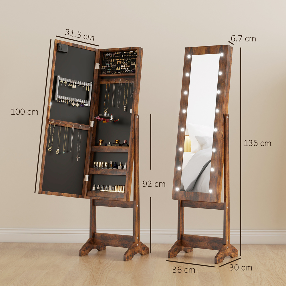 HOMCOM Freestanding Mirrored Jewellery Storage Cabinet - Wood-Effect
