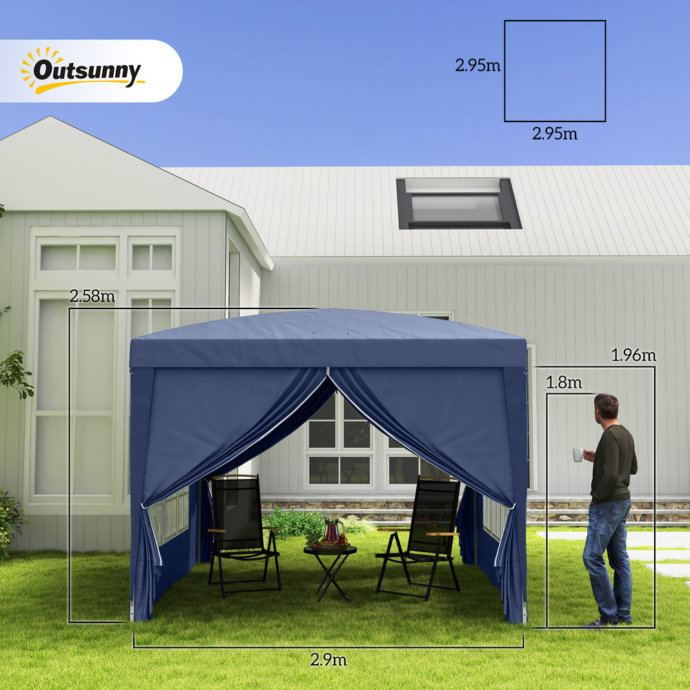 Outsunny 3 x 3 m Garden Pop Up Gazebo, Wedding Party Tent Marquee, Water Resistant Awning Canopy with Sidewalls, Windows, Carry Bag, Blue