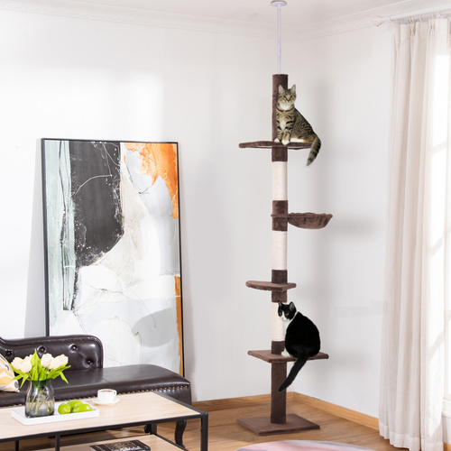 PawHut Floor to Ceiling Cat Tree 230-260cm Height Adjustable, 5-Tier Cat Tower with Scratching Posts, Hammock, Perches, Climbing Activity Centre for Indoor Kittens Playing and Relaxing, Brown