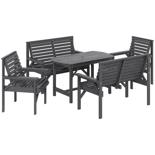 Outsunny 5 Piece Wooden Garden Dining Set for 6, Outdoor Conversation Set with 2 Armchairs, 2 Loveseats and Dining Table with Umbrella Hole for Patio, Balcony, Grey