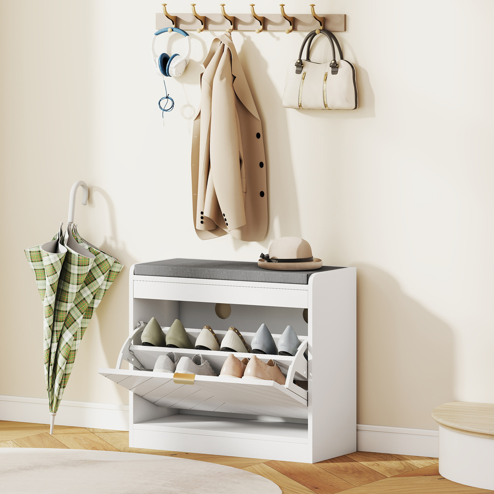 HOMCOM Shoe Storage with Seat, Upholstered Entryway Bench, Shoe Bench with 1 Flip Drawer and 4 Vents for 5 Pairs of Shoes