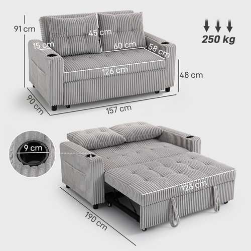 HOMCOM 2 Seater Click Clack Sofa Bed with Pull Out Design, Corduroy Upholstery - Light Grey
