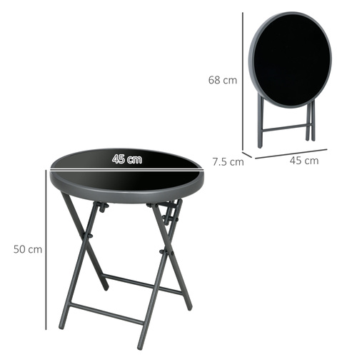 Outsunny Φ45cm Garden Side Table, Outdoor Round Folding Patio Table with Imitation Marble Glass Top, Small Coffee Table, Black
