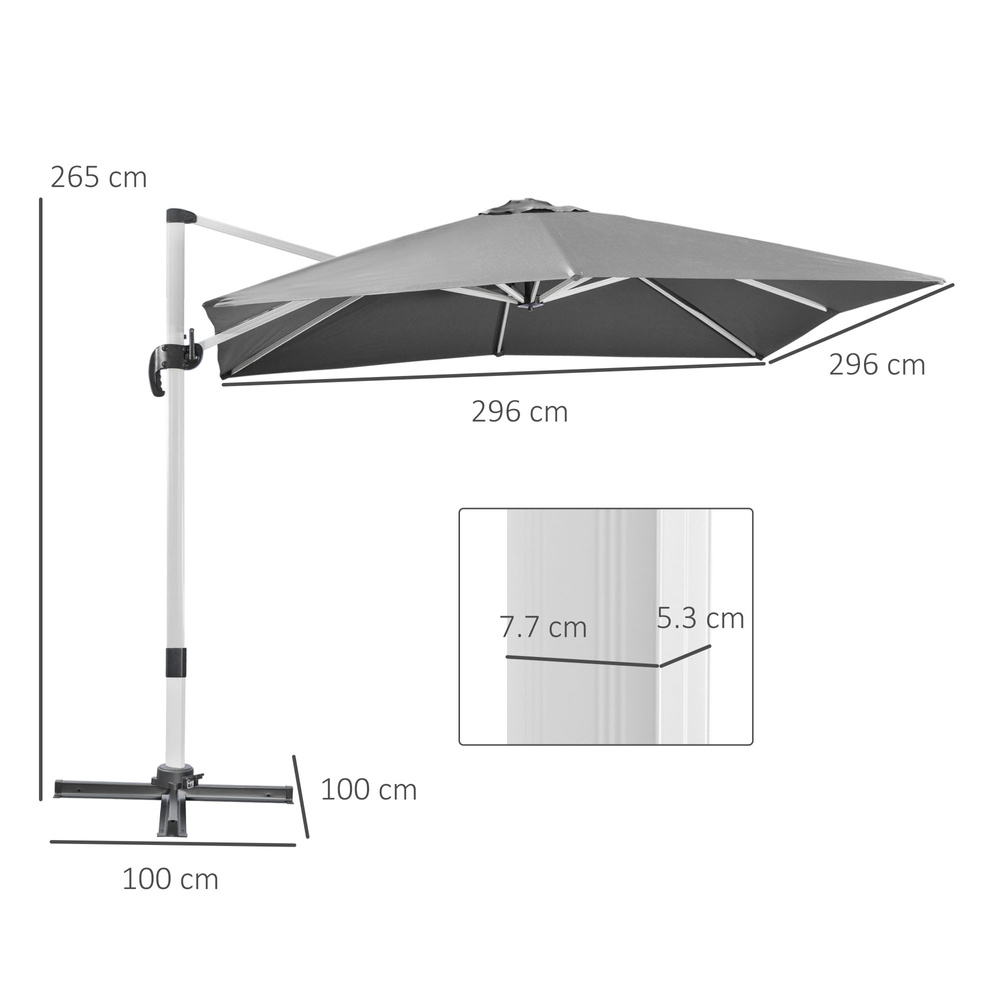 Outsunny 3 x 3(m) Cantilever Roma Parasol, Square Garden Umbrella with Cross Base, Crank Handle, Tilt, 360° Rotation and Aluminium Frame, Grey