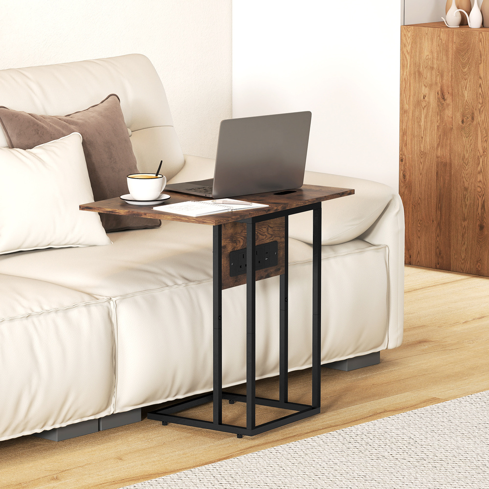 HOMCOM C Shaped Side Table with Charging Station and Foldable Top - Rustic Brown