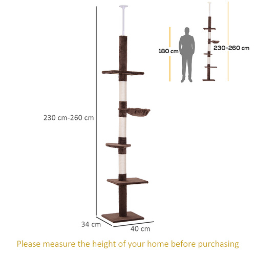 PawHut Floor to Ceiling Cat Tree 230-260cm Height Adjustable, 5-Tier Cat Tower with Scratching Posts, Hammock, Perches, Climbing Activity Centre for Indoor Kittens Playing and Relaxing, Brown
