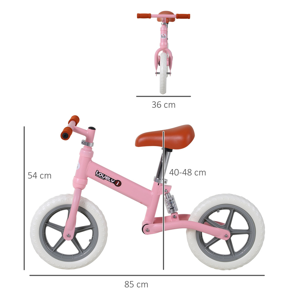 HOMCOM 12" Kids Balance Bike No Pedal Bicycle EVA Tire Adjustable Seat Toddler Training Bike W/ Shock Absorber 2 - 5 Years Gift for Boys Girls Pink