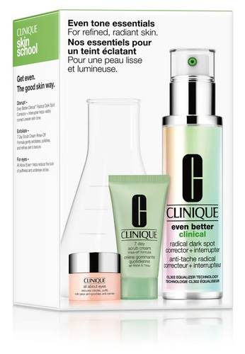 Clinique Even Tone Essentials Gift Set 50ml Even Better Clinical Radical Dark Spot Corrector + Interrupter + 30ml 7 Day Scrub Cream + 5ml All About Eyes Zestaw 1 Sztuka