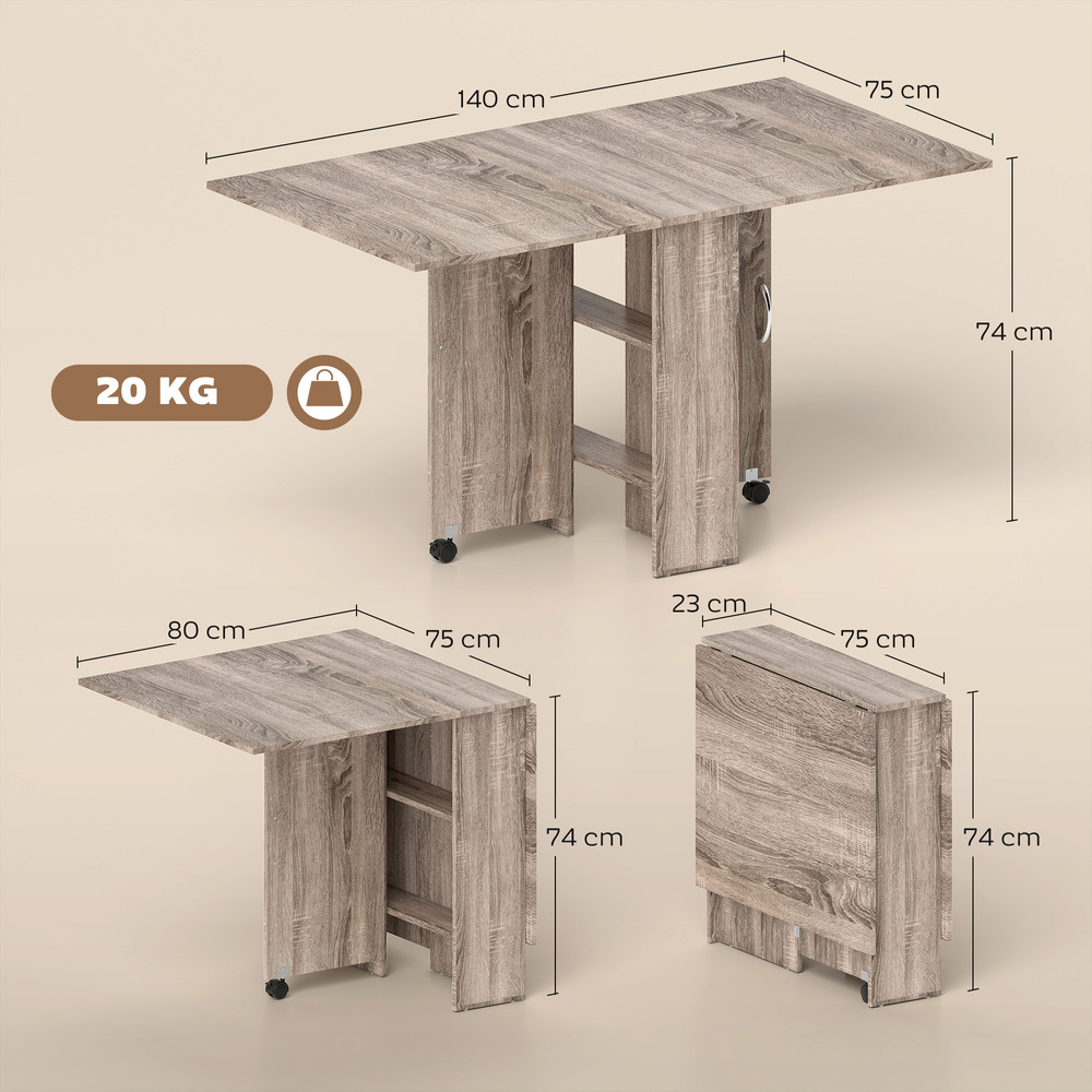 HOMCOM 80-140 cm Folding Dining Table for 4-6 People, Drop Leaf Table with 2-Tier Shelves, Rolling Casters, for Small Spaces, Kitchen, Flat, Dining Room, Grey