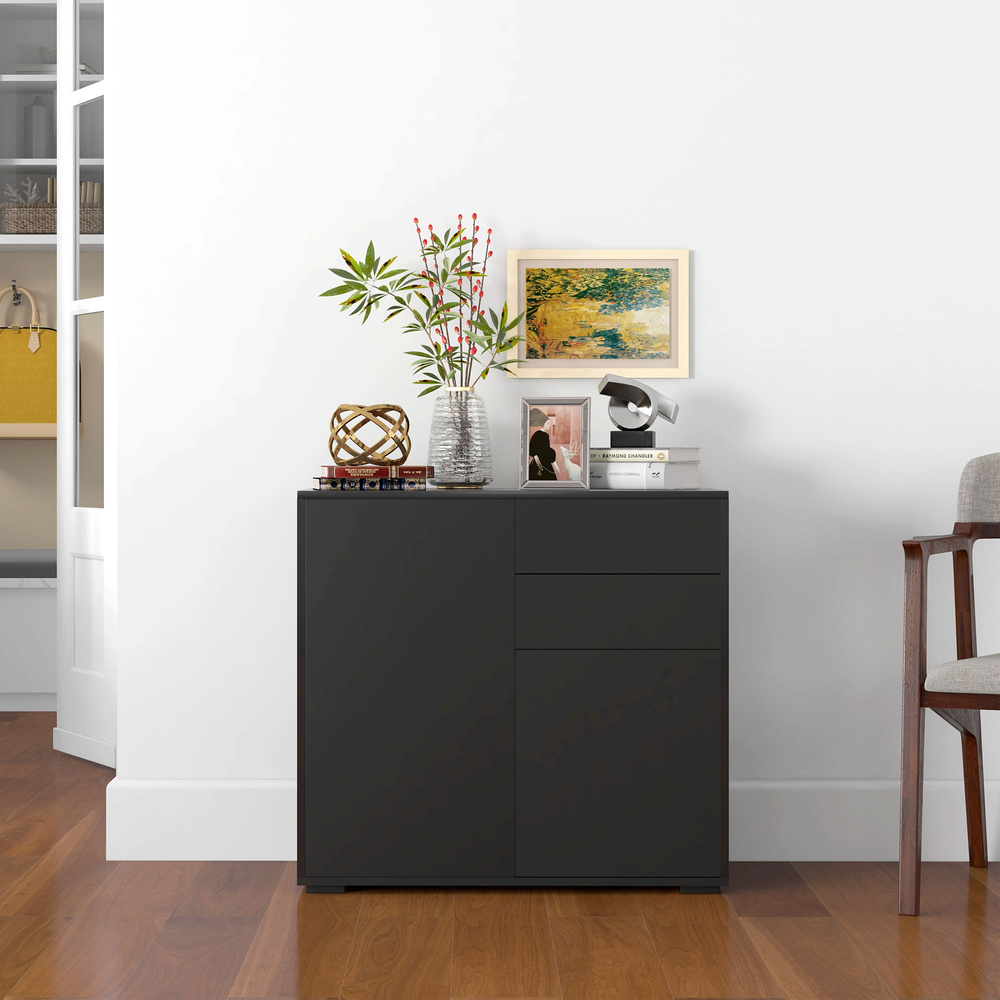 HOMCOM High Gloss Frame Sideboard, Push-Open Design with 2 Drawers for Living Room, Bedroom, 74H x 79W x 36Dcm, Black