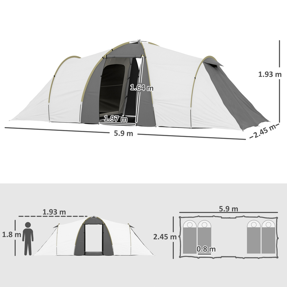 Outsunny Four-Man Tunnel Tent, with Two Bedrooms and Living Room - Grey/Yellow