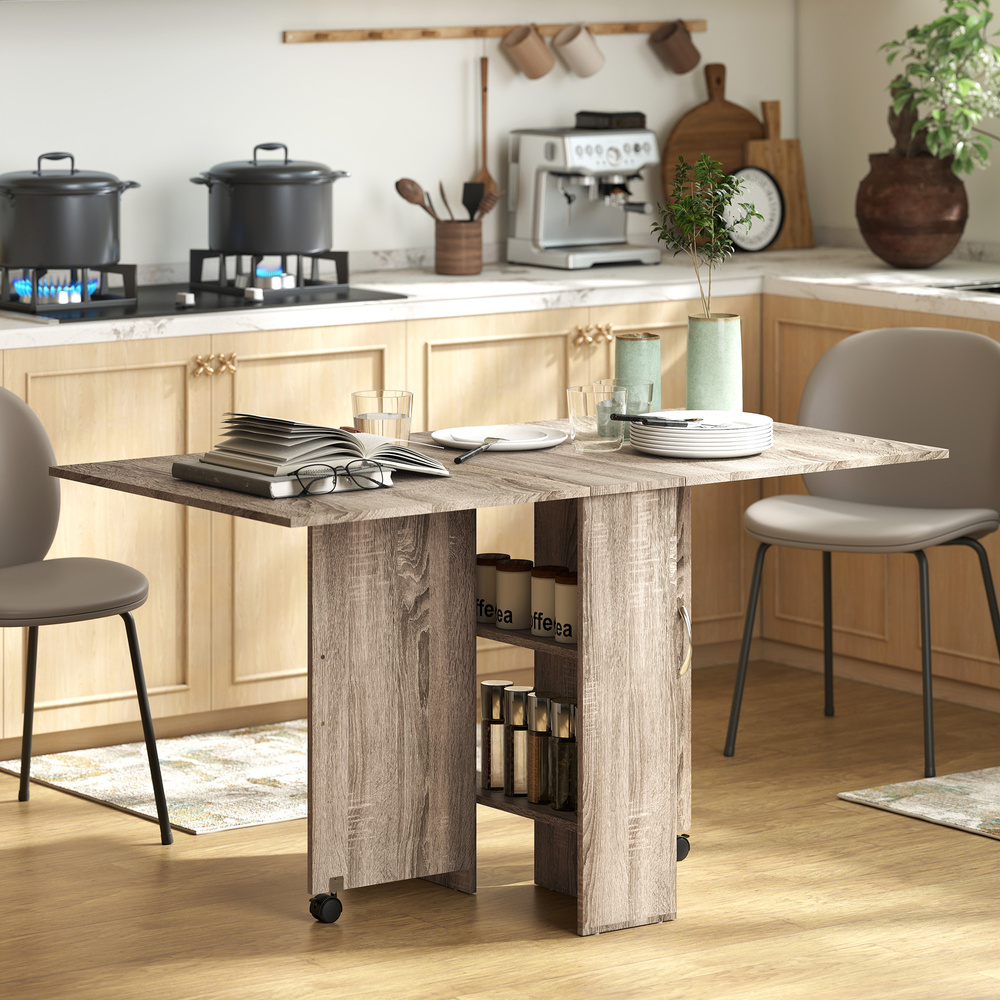 HOMCOM 80-140 cm Folding Dining Table for 4-6 People, Drop Leaf Table with 2-Tier Shelves, Rolling Casters, for Small Spaces, Kitchen, Flat, Dining Room, Grey
