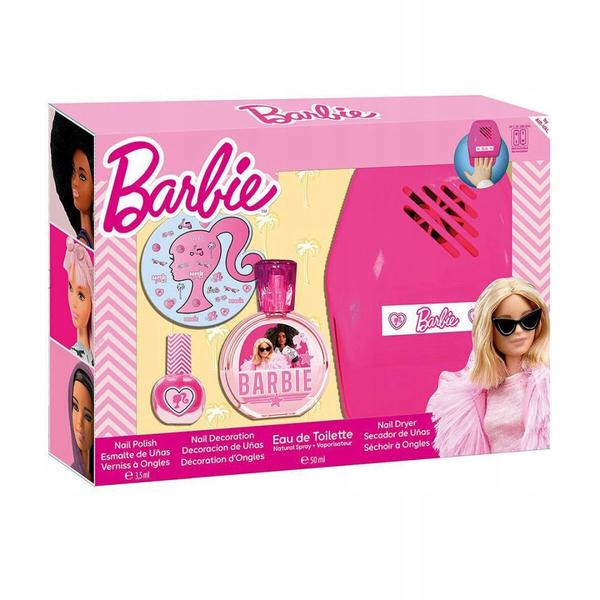 Barbie Zestaw Upominkowy dla Dziewczynki Woda Toaletowa 50ml  Lakier do Paznokci 3,5ml Naklejki Dekoracyjne Suszarka do Paznokci 1 Sztuka