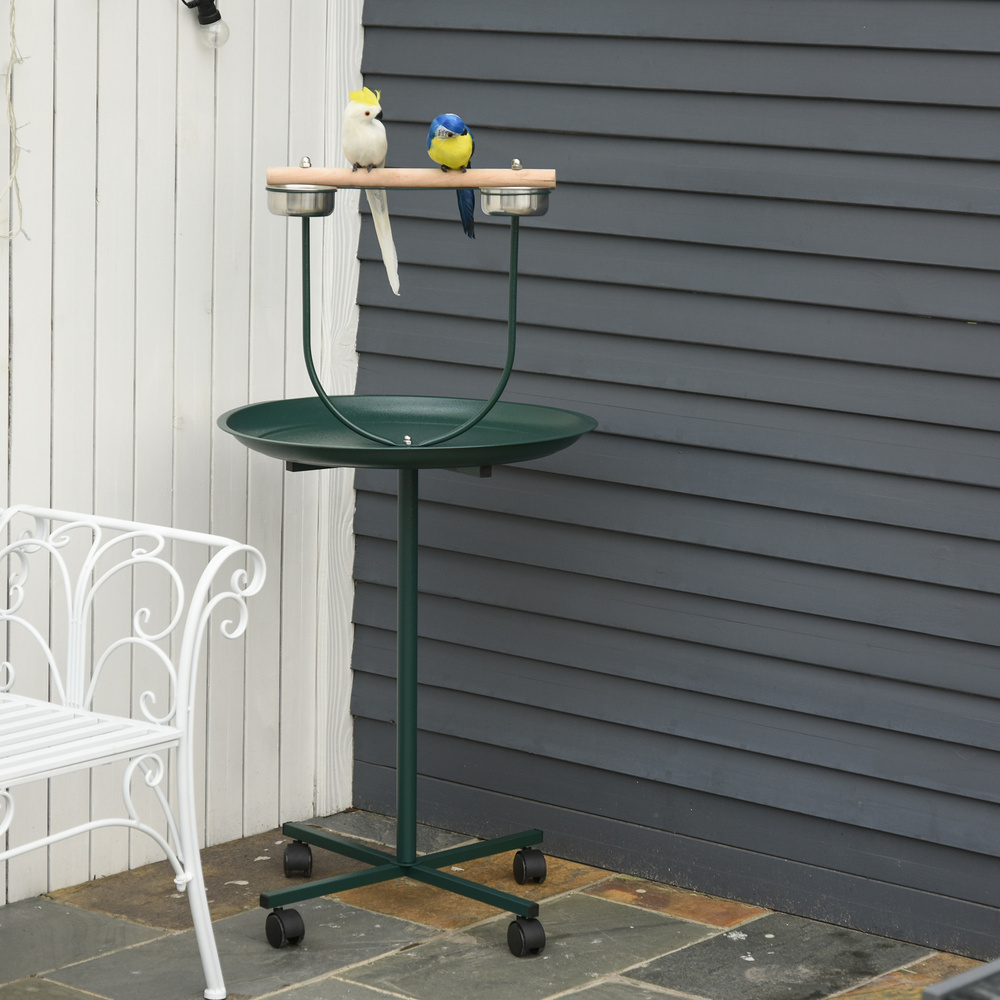 PawHut Bird Perch Stand with Four Wheels, Feeding Bowls, for Small, Medium Birds, Green