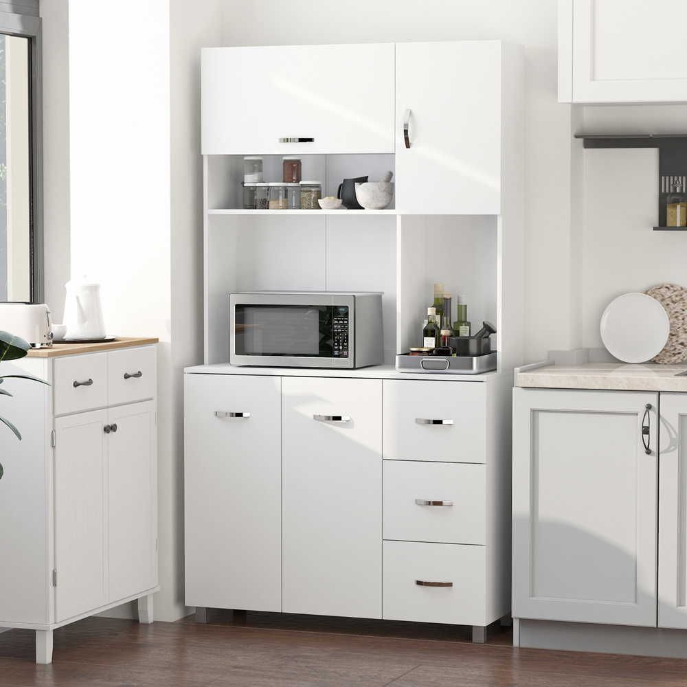 HOMCOM Kitchen Cupboard, 183cm Tall Storage Cabinet with Countertop, Sideboard with 3 Small Drawers, Flip Up Top Door, 3 Cabinet Doors and Open Shelves, 100W x 39.5D x 183.5H cm, White
