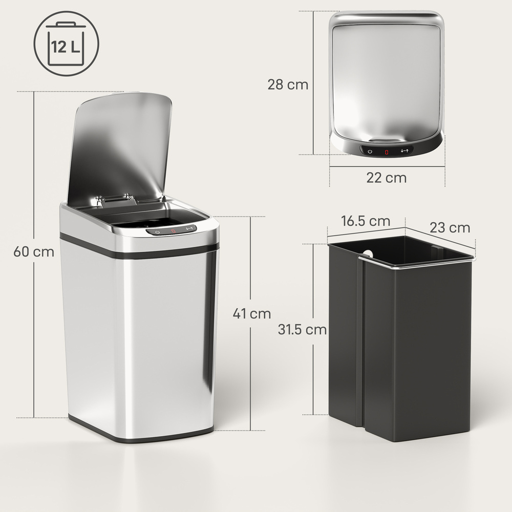 HOMCOM 12L Sensor Bin, Automatic Touchless Motion Sensor Kitchen Bin with Fingerprint Resistant Stainless Steel, Silver