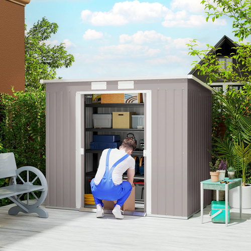 Outsunny 7 x 4ft Galvanised Steel Garden Shed, with Foundation Kit - Grey