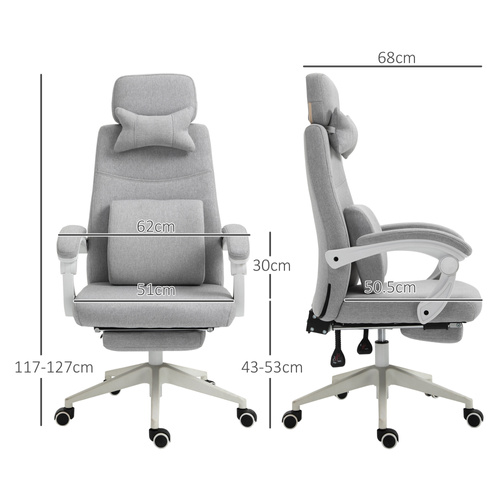 Vinsetto Office Chair, High Back Fabric Work Chair with 160° Reclining Backrest, Retractable Footrest, Neck and Lumbar Pillow, Light Grey
