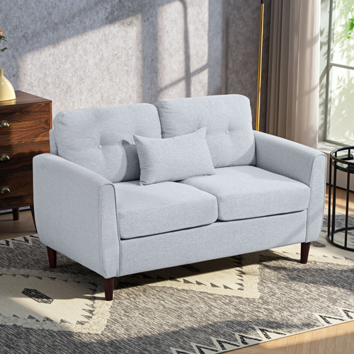 HOMCOM 2 Seater Sofa with Spring Cushion, Fabric Sofa with Wooden Legs, Modern Love Seat for Living Room, 140cm Width Tufted Couch for Bedroom, Light Grey