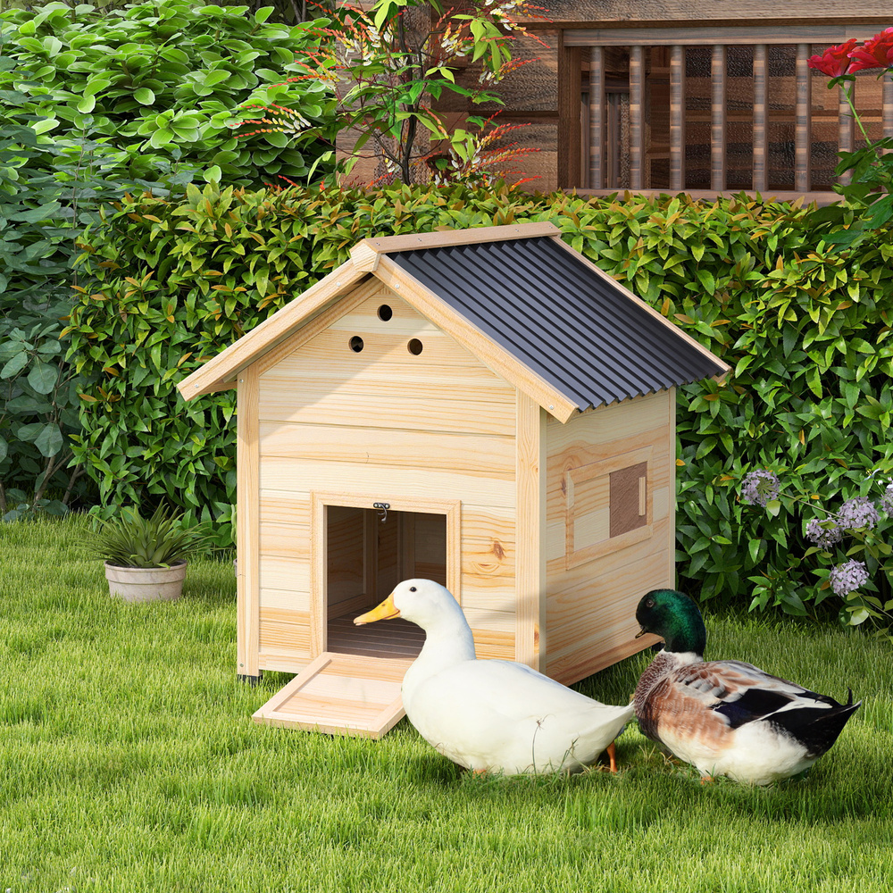 PawHut Wooden Duck House with Double Doors, Openable Roof, Ventilation Holes, Removable Base, Natural Wood Finish
