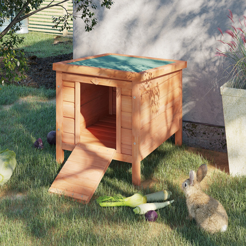 PawHut Wooden Rabbit Hutch Outdoor, Guinea Pig Hutch, Rabbit Hideaway, Cat House, Bunny Cage Small Animal House with Openable Roof, 51 x 42 x 43 cm, Natural